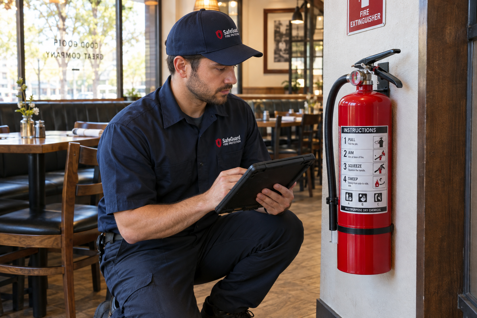 Service technician inspecting fire extinguisher with tablet