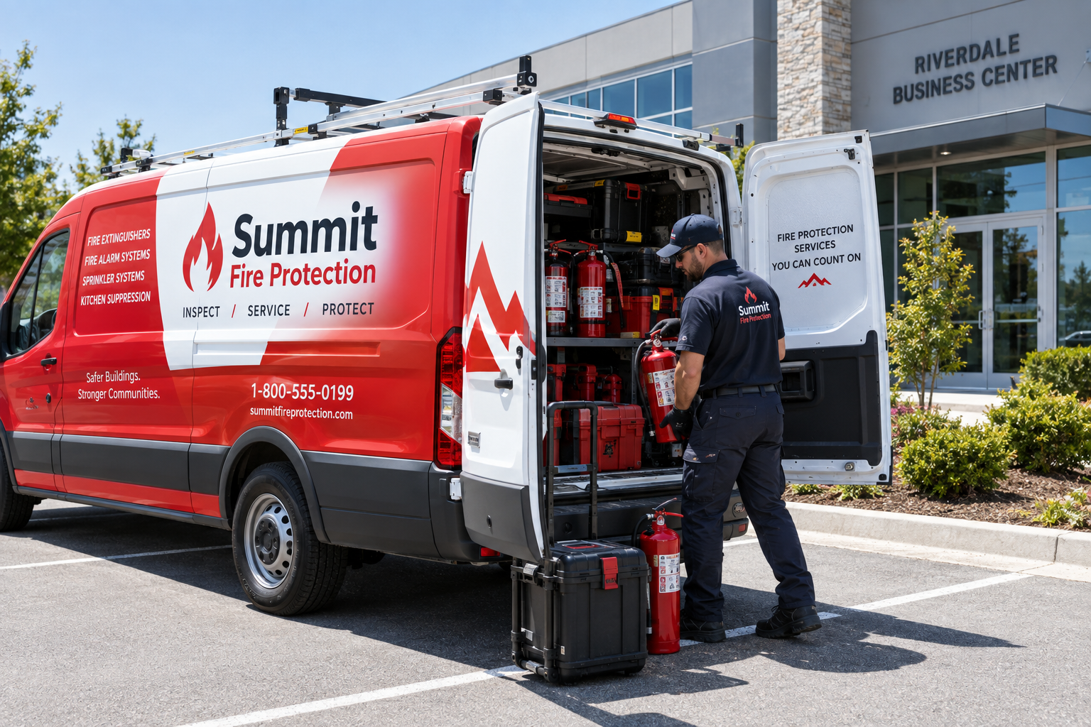 Fire protection service van and technician in the field